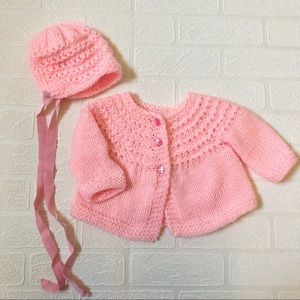 Hand-Knit Cardigan Sweater & Bonnet
